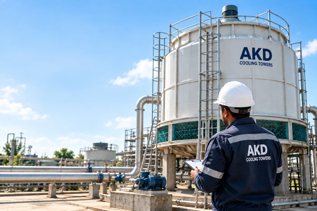 AKD technician inspecting an industrial cooling tower for refurbishment