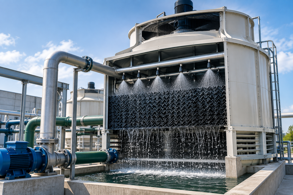 Industrial cooling towers with water spray and fill media