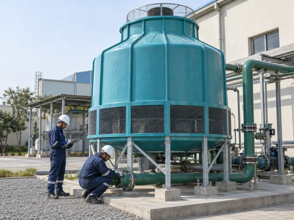 Illustration of technicians checking pipe connections during cooling tower installation.